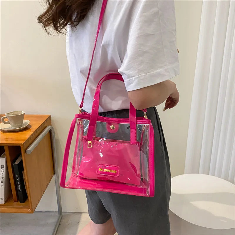 Trendy Stylish Transparent "Mother-Law" Tote Bag | Waterproof & Sandproof PVC Beach Bag | Fashionable Women’s Clear Shoulder Bag with Hasp Closure Luxegan