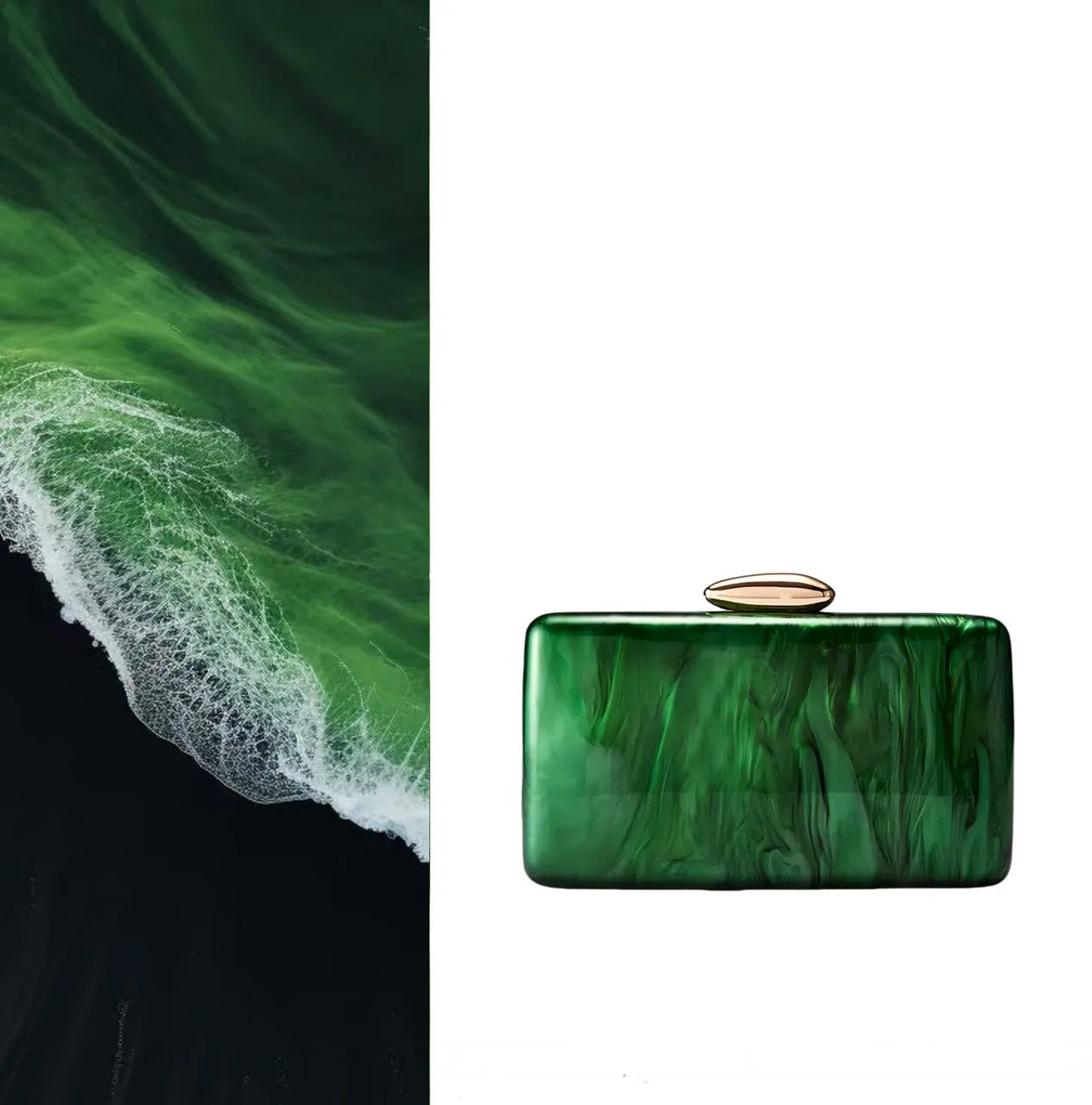 Acrylic Shell Minaudiere | Hard Marble Green Pearl Bridal Handbag Luxegan