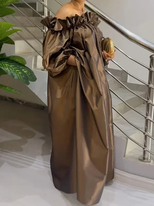 Solid Color Falbala Maxi Dress | Sophisticated Off-the-Shoulder Loose Silhouette | Elegant "Floor-Length" Falbala Gown | "Dignified" Puff Sleeve Streetwear Outfit for Radiant Versatile Styling Luxegan