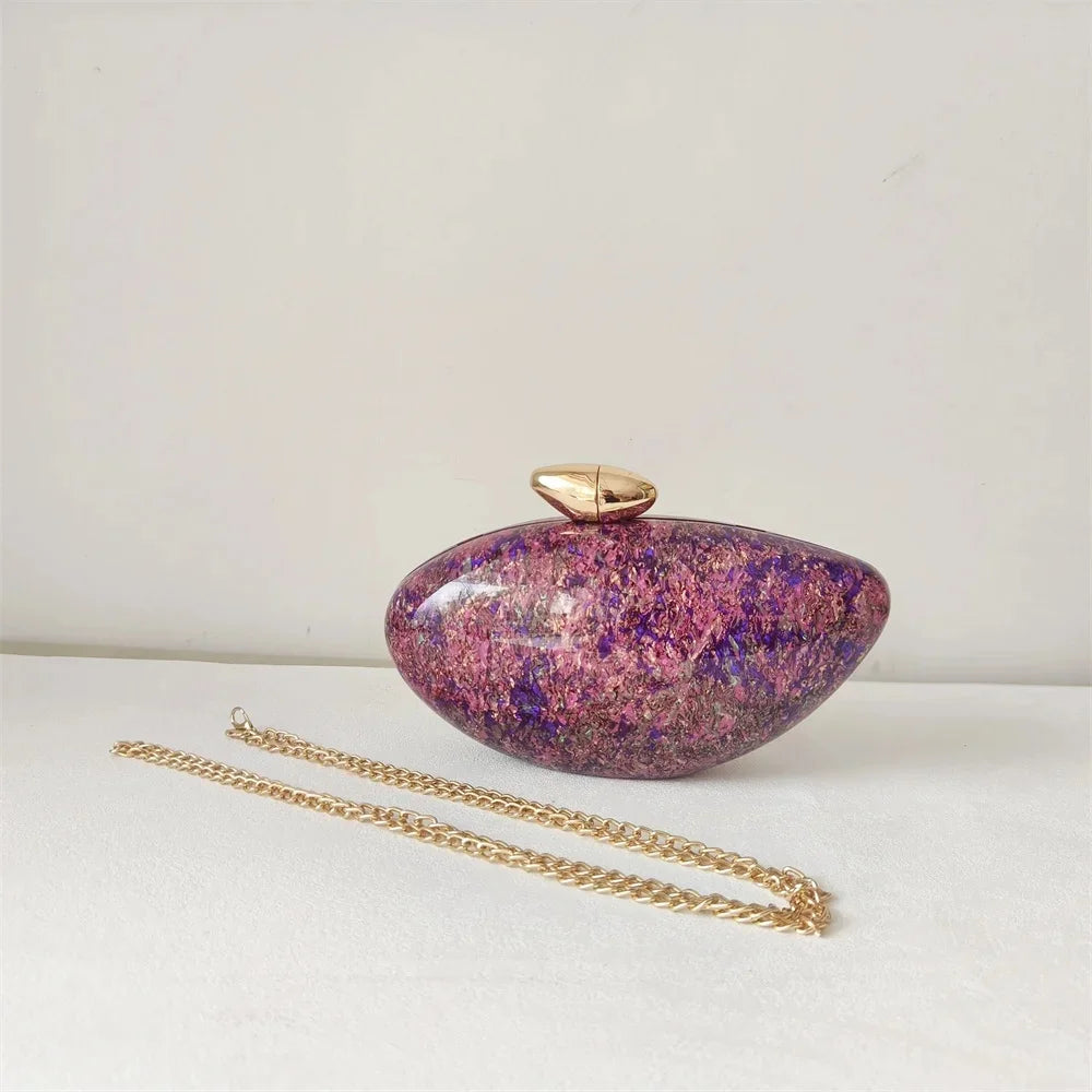Hard Acrylic Marble Box Clutch | Pearl Chain Evening & Bridal Handbag