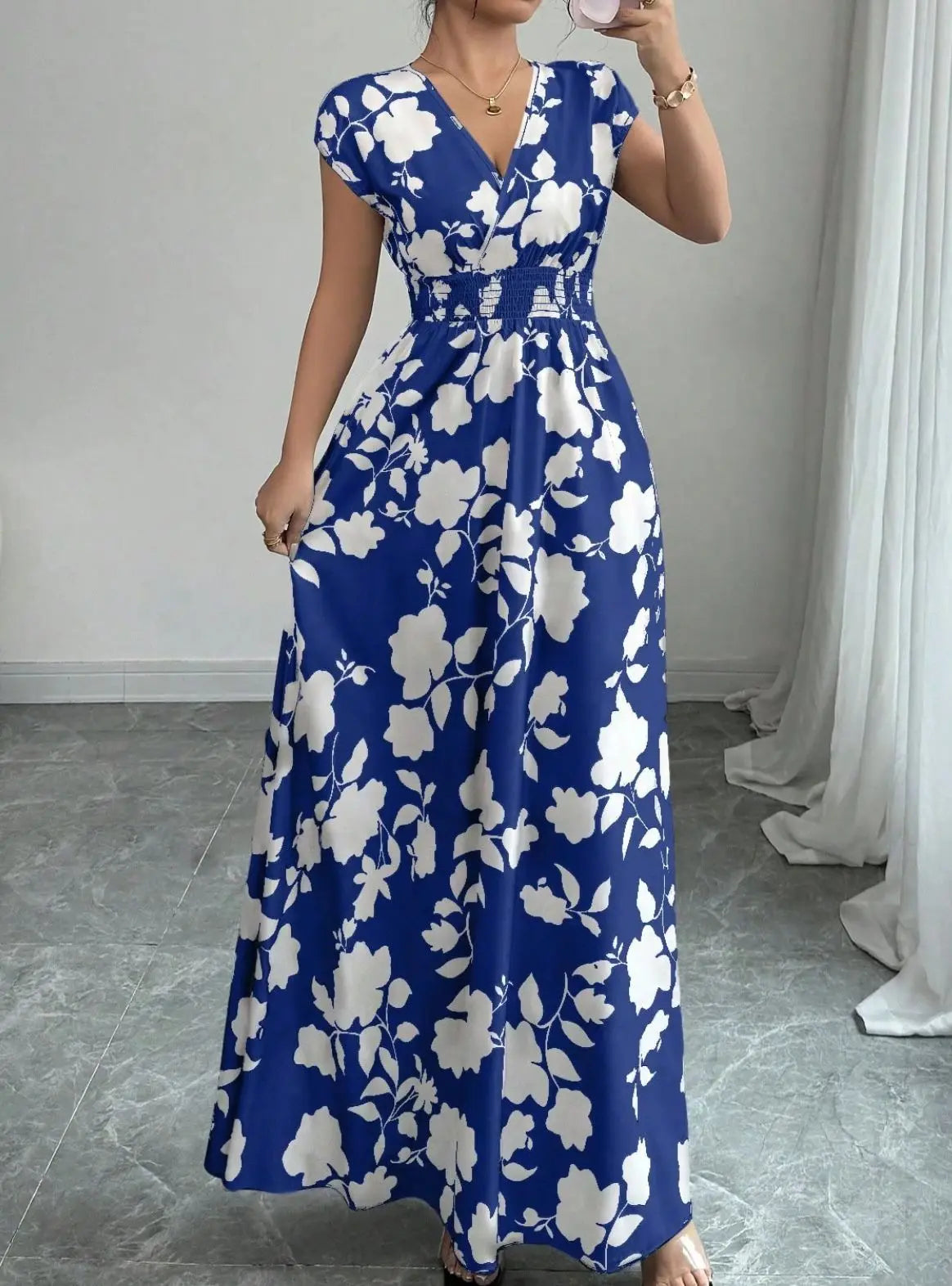 Print Casual V-Neck Short Sleeve Regular Fit Loose Knee-Length Dress – Polyester and Cotton, Natural Waist, Spring/Summer Luxegan