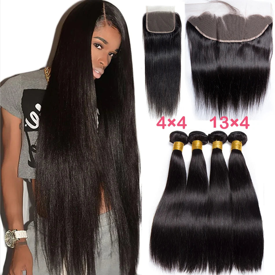 Peruvian Straight Virgin Human Hair Bundles with 13x4 Lace Frontal | 30-Inch Long Straight Bundles with Ear-to-Ear Swiss Lace Closure | Premium 4-Piece Hand-Tied Hair Weaving Multipack Luxegan