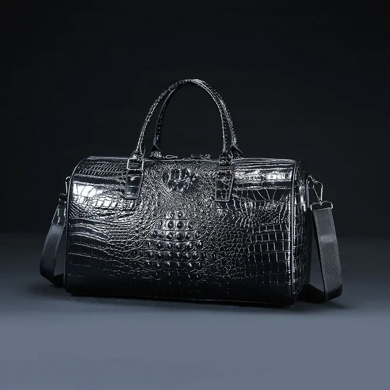 Men's Luxury Genuine Cow Leather Travel Duffle Bag | Large Capacity Portable Alligator Texture Weekender | Premium Male Shoulder Crossbody Overnight Bag | Versatile Soft Shell Luggage Master Model 20220802e Luxegan