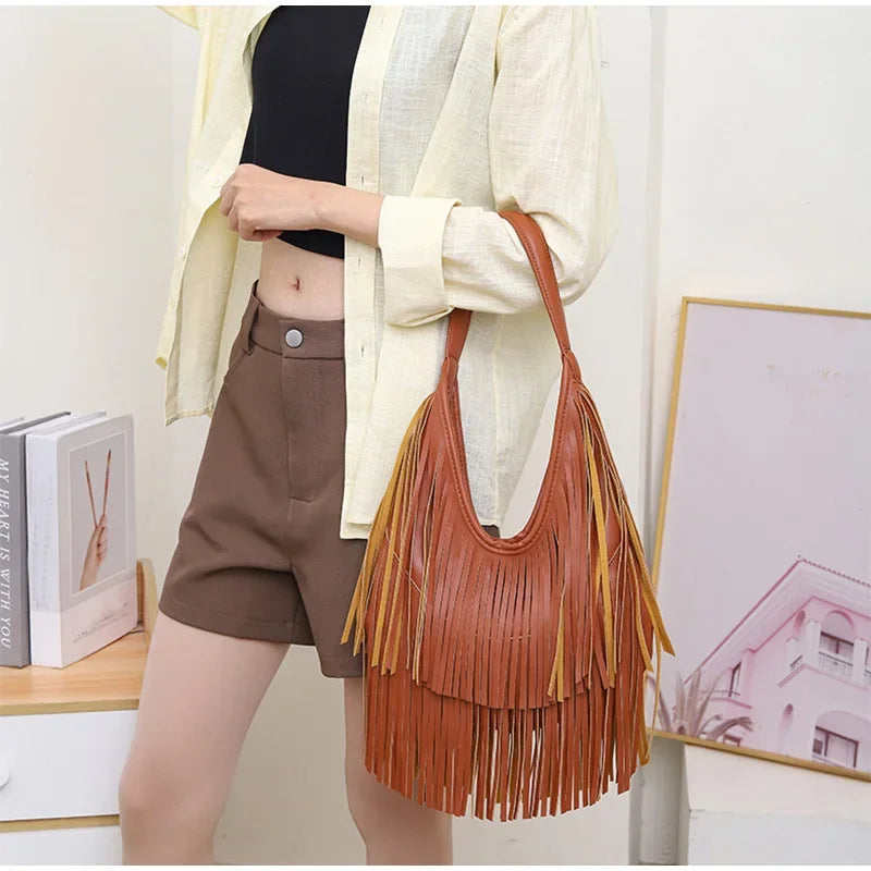 Trendy Long Tassel Hobo Underarm Shoulder Bag | Designer Large Capacity Women's Tote Bag | Soft Solid Color PU Handbag (Black, Brown) Luxegan