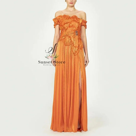 Off-Shoulder Pleated Chiffon Prom Gown | A-Line Ruched Slit Bespoke Formal Dress Luxegan
