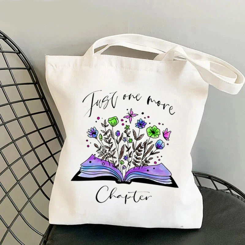 Flowery Books Printed Canvas Tote Bag | Retro Large Capacity Eco-friendly Shopping Bag | Unisex Student Schoolbag Shoulder Bag