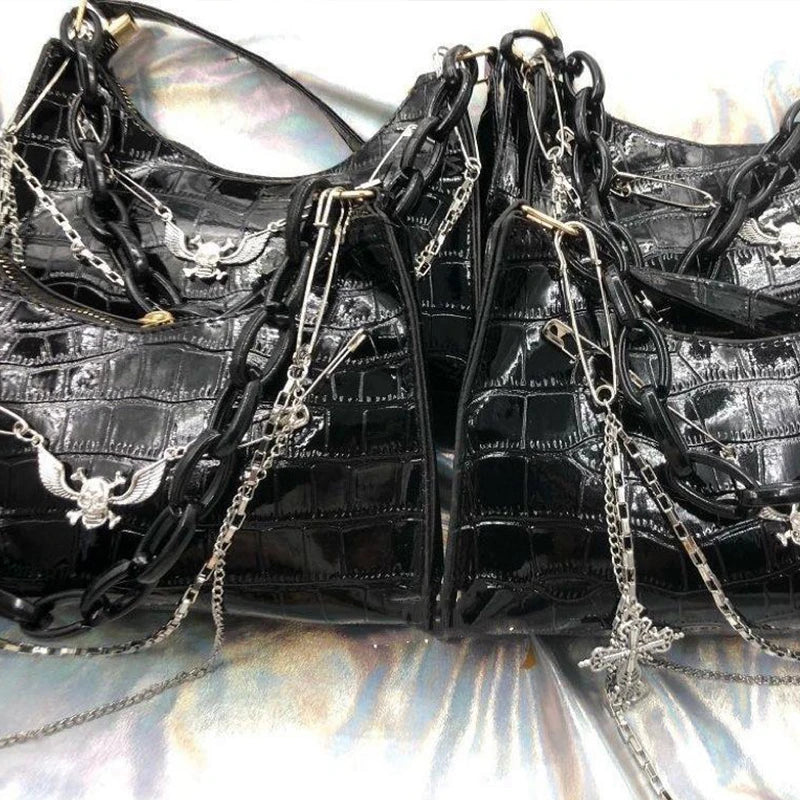 Gothic Dark Punk Underarm Bag | Skull Shoulder Bag & Y2K Chain Crocodile Pattern Crossbody Bag (Korean Popular Aesthetic Handbags) Luxegan