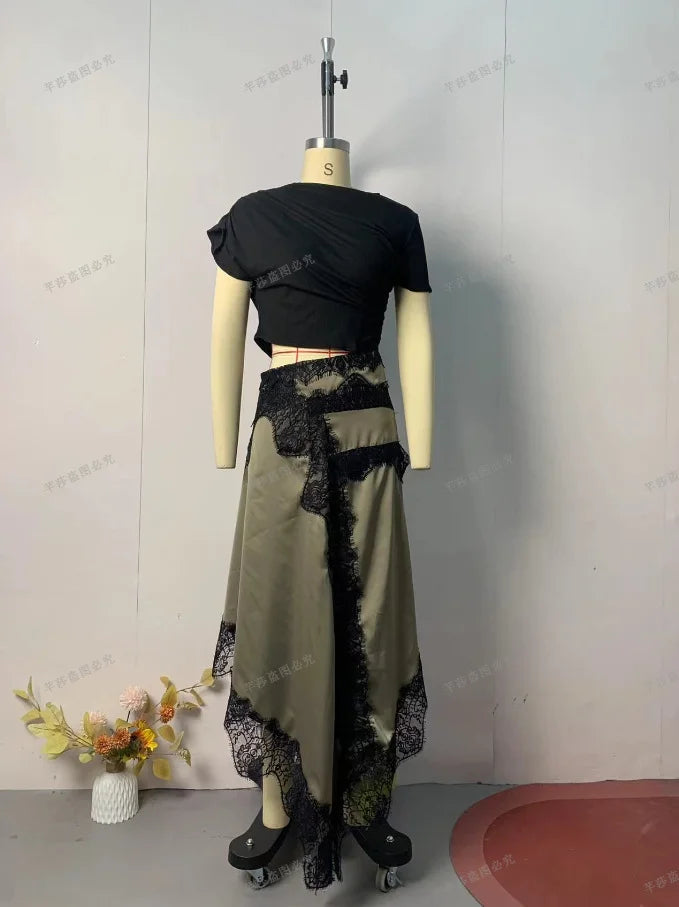 Women's Hollow Waist Lace Splicing Casual Dress | Spring Summer Solid Color Mid-Calf Dress | Elegant Round Neck Short Sleeve Sundress | Premium Non-Woven Slight Stretch A-Line Regular Fit Luxegan
