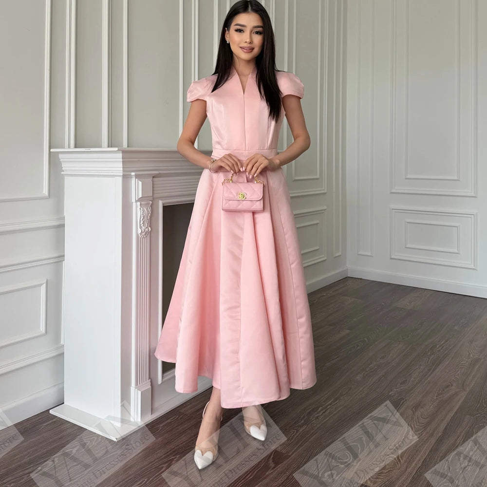 Draped A-Line Evening Gown | V-Neck Sleeveless Tea-Length Prom Dress Luxegan