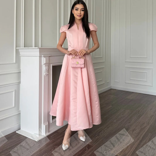 Draped A-Line Evening Gown | V-Neck Sleeveless Tea-Length Prom Dress Luxegan