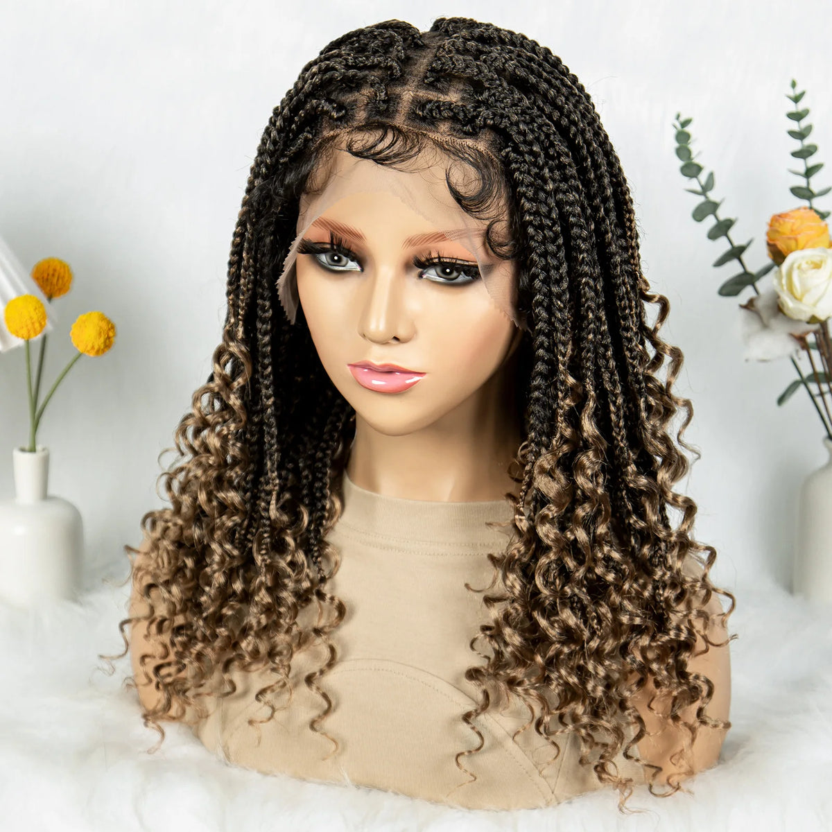 16 Inch Boho Knotless Box Braided Wig | Full Lace | Curly Ends