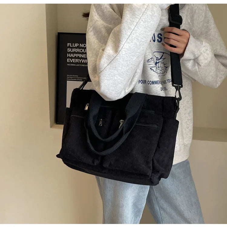 Female Large Capacity Corduroy Tote Bag | New Korean Style Fashion Women's Shoulder Crossbody Bag (Worker Commuter Handlebag)