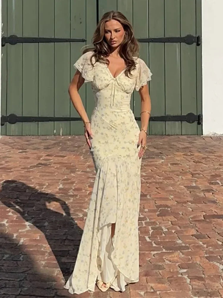 Flutter Sleeves Slim Long Dress Women Casual Pleated Deep V-neck Floral Print High Waist Dresses 2026 Lady Summer Holiday Wear
