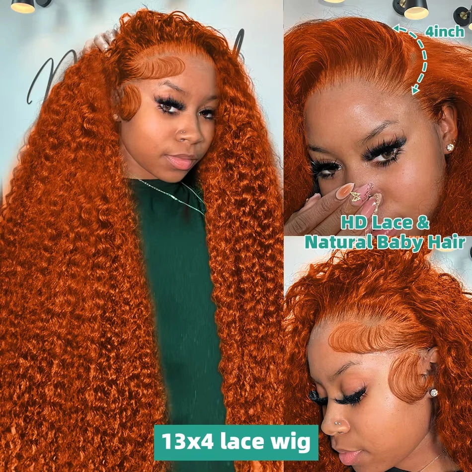 Radiant Orange Ginger Water Wave Wig | Sophisticated 13x6 HD Transparent Lace | Elegant "Brazilian Remy" 30-Inch Length | "Dignified" Pre-Plucked Deep Curly Human Hair for Radiant Versatile Styling Luxegan