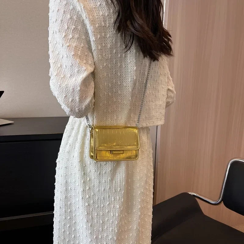 Vintage Chic Metallic Crossbody Bag | Luxury Designer Mini Square Handbag | Elegant Crocodile-Pattern Shoulder Bag | "Dignified" Structured Silver & Gold Satchel for Everyday Wear Luxegan