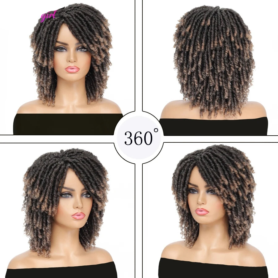 Short Afro Curly Faux Locs Wig | Twist Braids | Heat Resistant | Ombre Brown | Black Women Luxegan