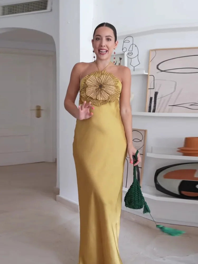Elegant Party Women's Dress 3D Flower Halter Sleeveless Backless Mermaid Satin Female Dresses 2026 Summer Chic Evening Lady Robe