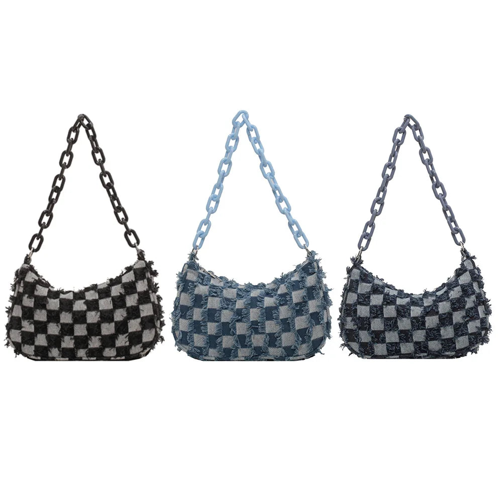 Vintage Women's Casual Shoulder & Underarm Bag | Plaid Pattern Denim Small Purse (Ladies Chain Leisure Handbag, Hobo Style) Luxegan