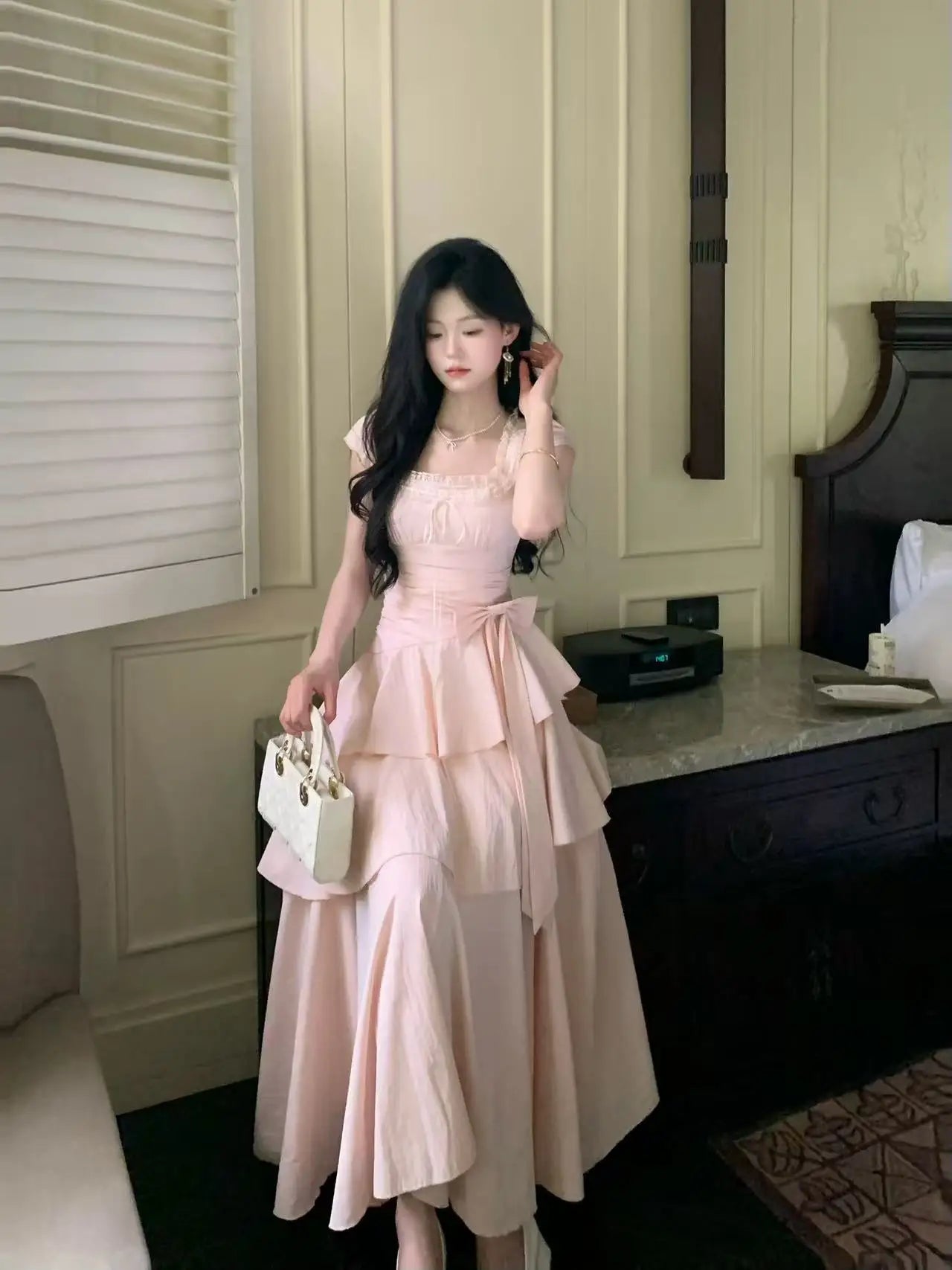 Women's Elegant Vintage Summer Midi Dress | Sweet Korean Style Irregular Evening Gown | Slim Fit A-Line Short Puff Sleeve Vestido | Premium Cotton Blend Bow Neckline Dress Luxegan