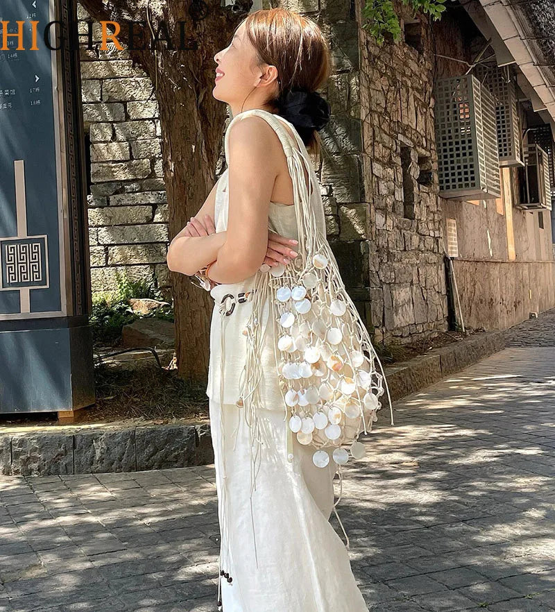 Handmade Woven Shell Bucket Bag | Sophisticated "Wooden Handle" Silhouette | Elegant Embroidery Tassel Handbag | "Dignified" High-Performance Cotton Essential for Radiant Versatile Styling Luxegan