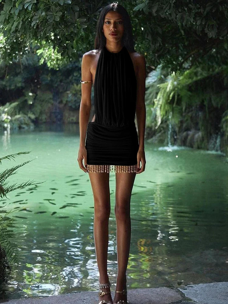 Halter Neck Backless Ruched Mini Dress | Y2K Lace-Up Club Party Dress Luxegan