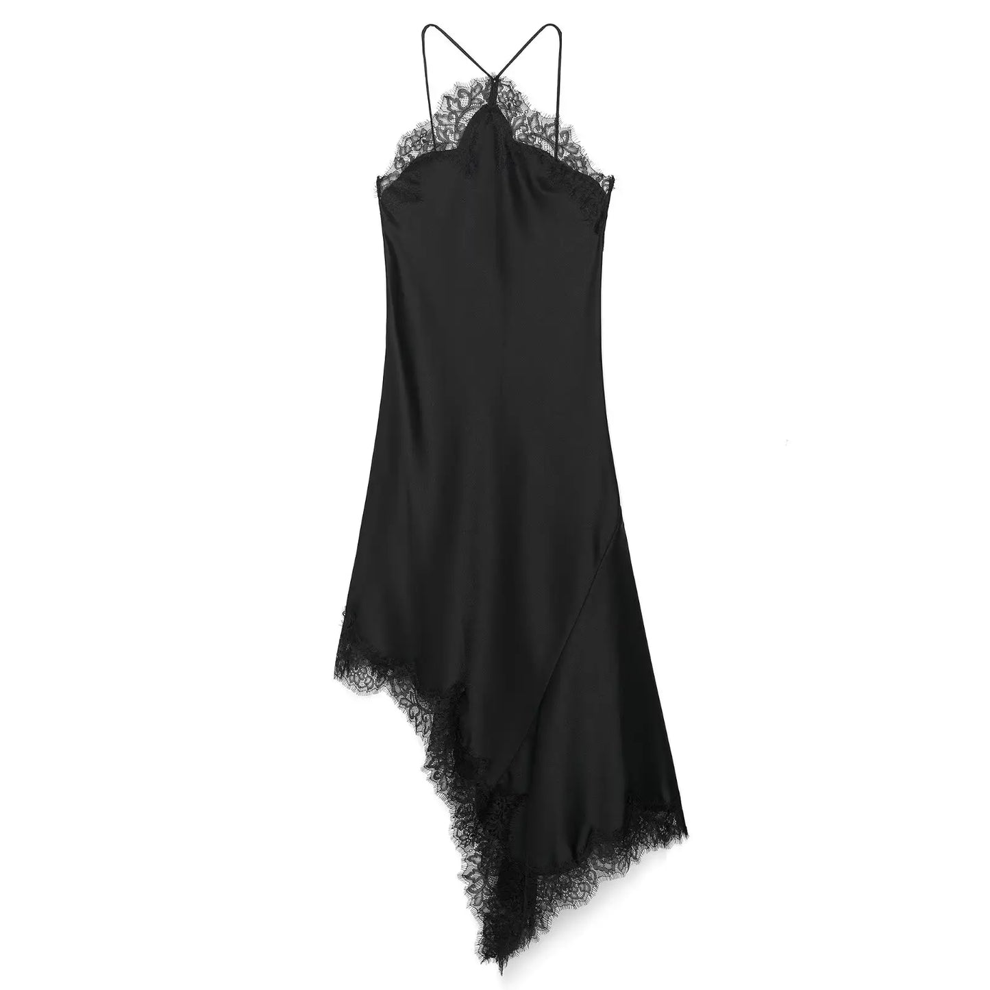 Lace Trim Satin-Texture Halter Midi Dress | Sexy Asymmetric Loose-Fit Camisole | Spring/Summer Slight Stretch Club Dress Luxegan
