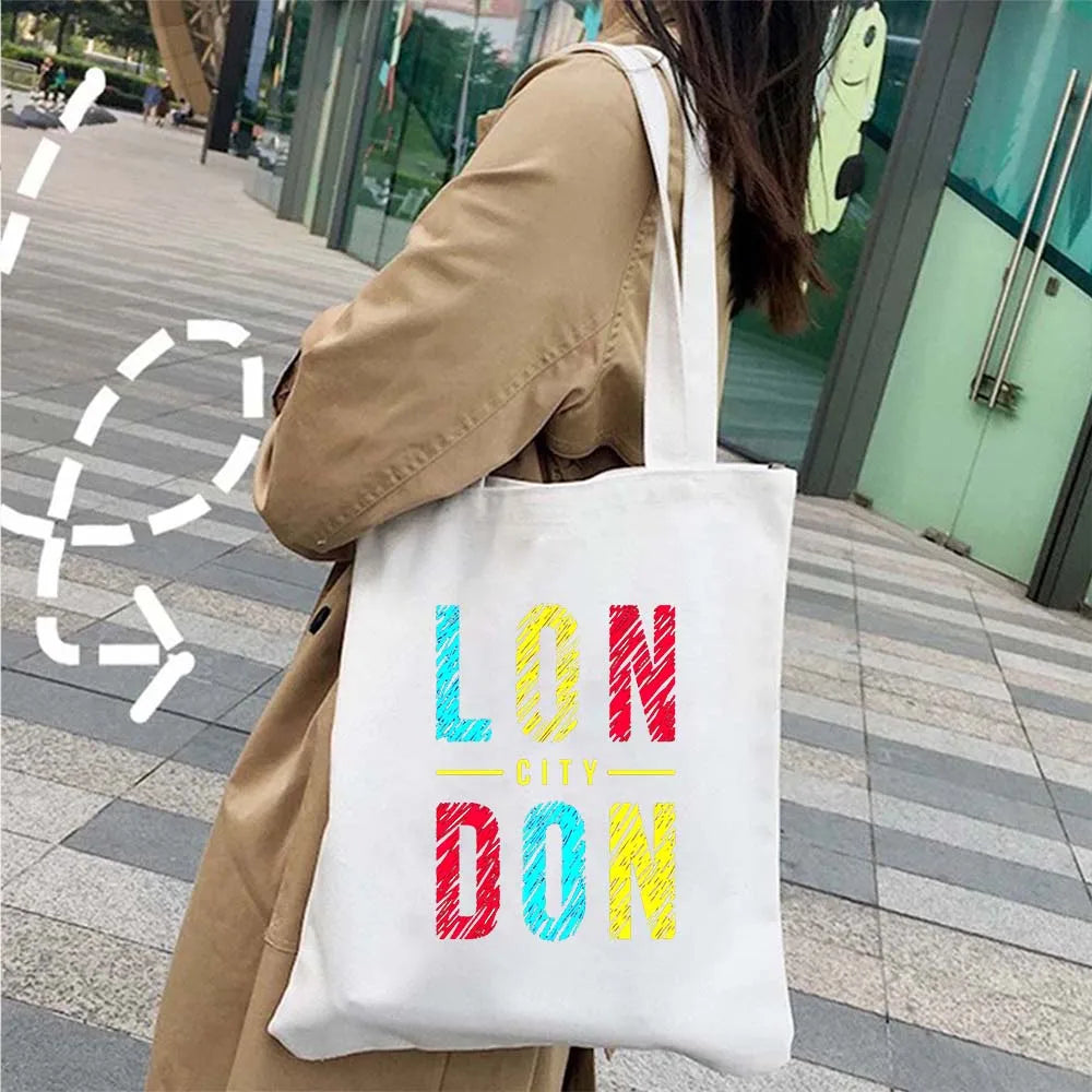 London Big Ben England Map Flag Canvas Tote Bag | UK City Landscape Skyline Shoulder Shopping Handbag (Women's Tourist Gift) Luxegan