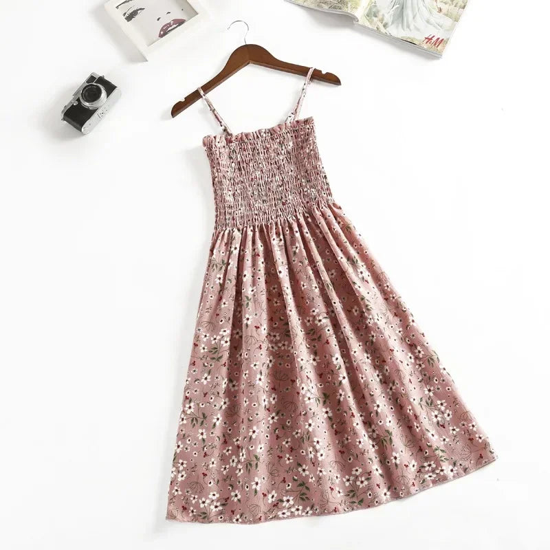Floral Chiffon Spaghetti Strap Mini Dress | Ruffled Slash-Neck Elastic Waist Sundress | Tiered Spring/Summer Slim Fit A-Line Dress Luxegan