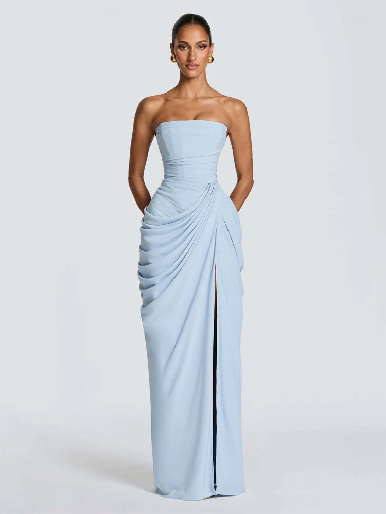 Pleated Strapless Off-Shoulder Backless Maxi Gown | High Waist Split Sexy Solid Evening Party Dress Luxegan