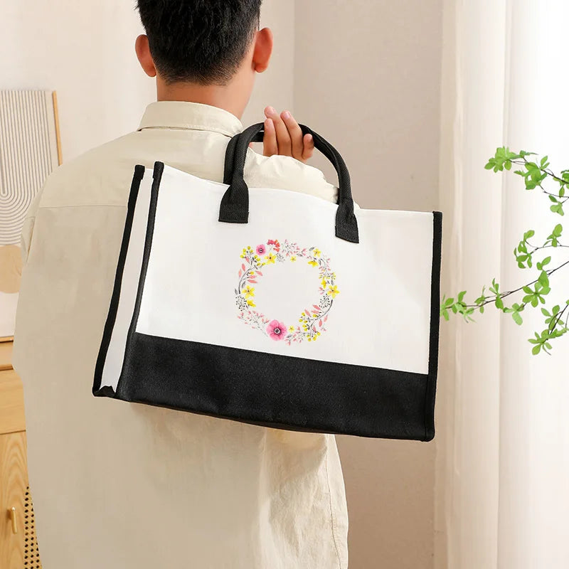 High-Quality Reusable Jute Shopping Bag | Waterproof Fashion Tote with Floral & Letter Print | Durable Cotton & Burlap Handbag for Beach, Picnics, and Grocery (Unisex) Luxegan