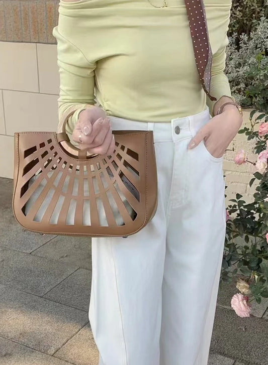 Hollow-Out PU Leather Tote Bag | Lightweight Square Handbag & Stylish Shopping Bag Luxegan