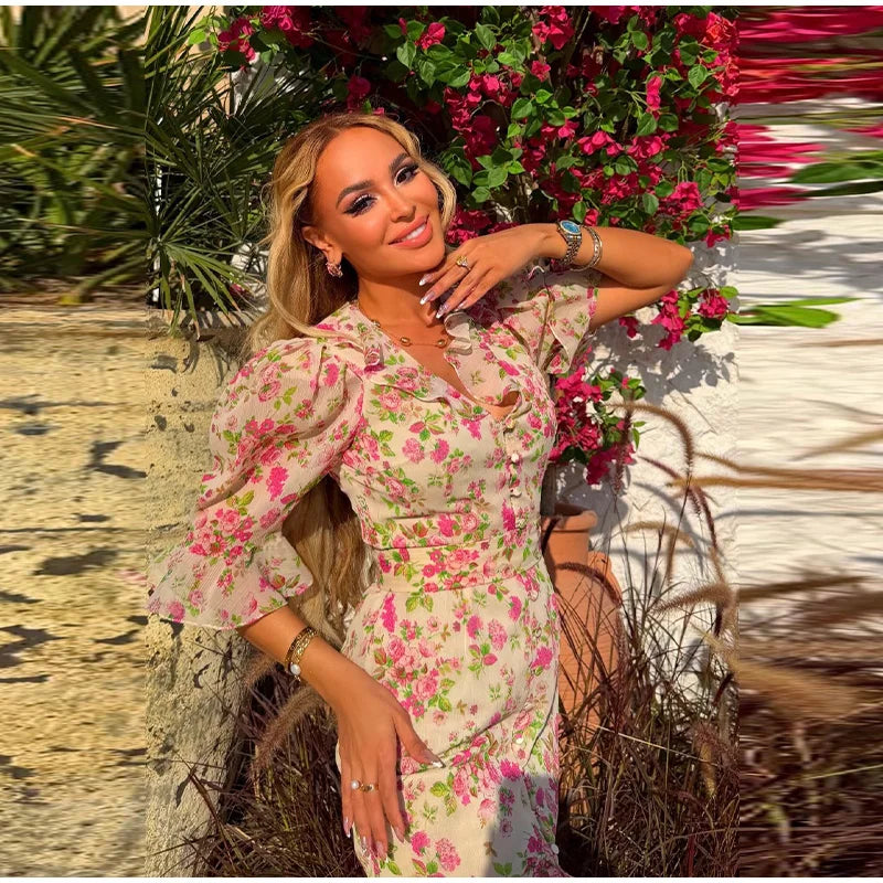 Organza Floral Printed Maxi Dress V-Neck  Puff Sleeve 2026 Spring/Summer Romantic Women Party Gown Fashion Elegant Lady Vestidos