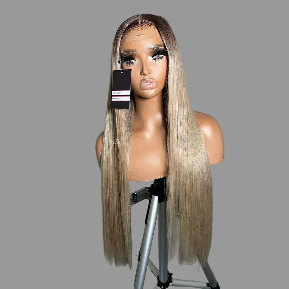 30–32 Inch Ash Blonde Ombre Wig | Sophisticated 13x6 HD Transparent Lace Frontal | Elegant "1B Root" Brazilian Human Hair | "Dignified" 200%–250% Density Bone Straight Remy Wig for Radiant Versatile Styling Luxegan