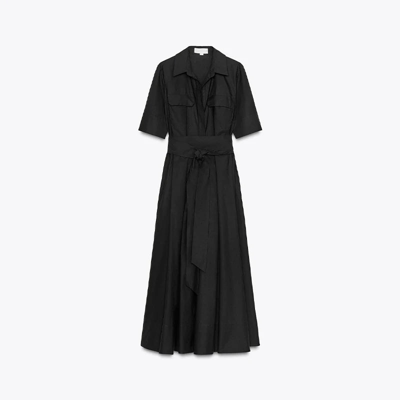 V-Neck Short Sleeve Belted Pleated Lapel Slim A-Line Ankle-Length Maxi Dress | Elegant Club Dress