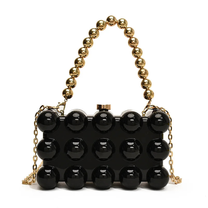Luxury Acrylic 'Cake Box' Bag | Elegant Gold Beaded Chain Handbag Luxegan