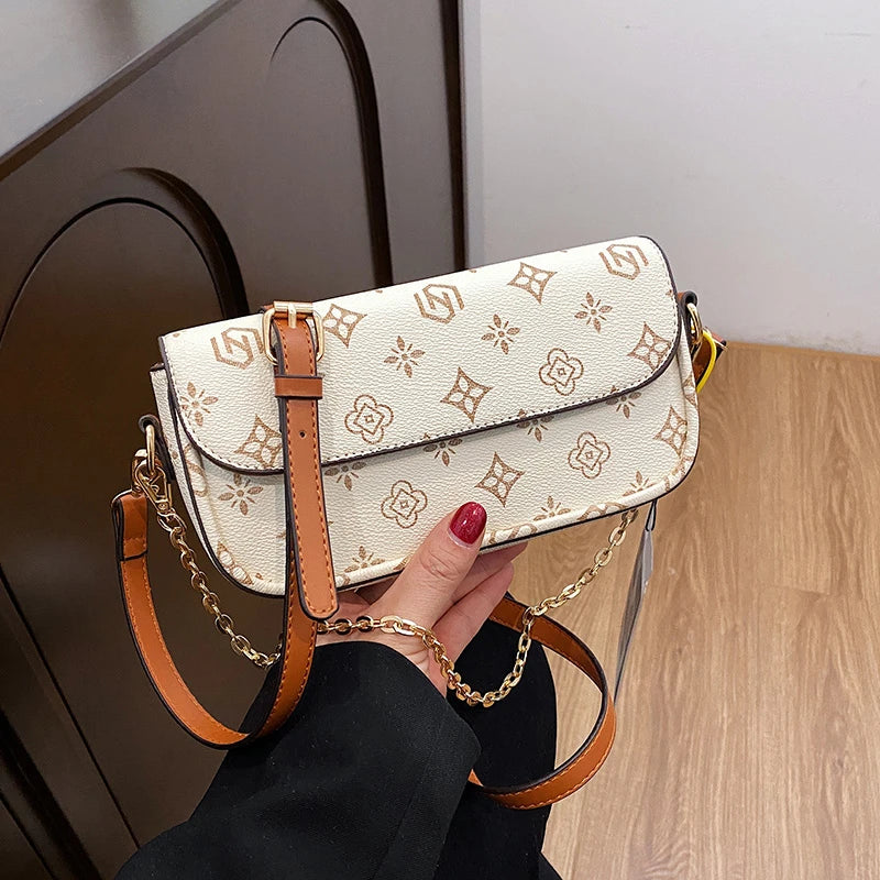 Fashionable Retro Printed Small Square Bag | Versatile Floral Baguette Underarm Bag | Soft PU Leather Crossbody & Shoulder Purse for Parties Luxegan