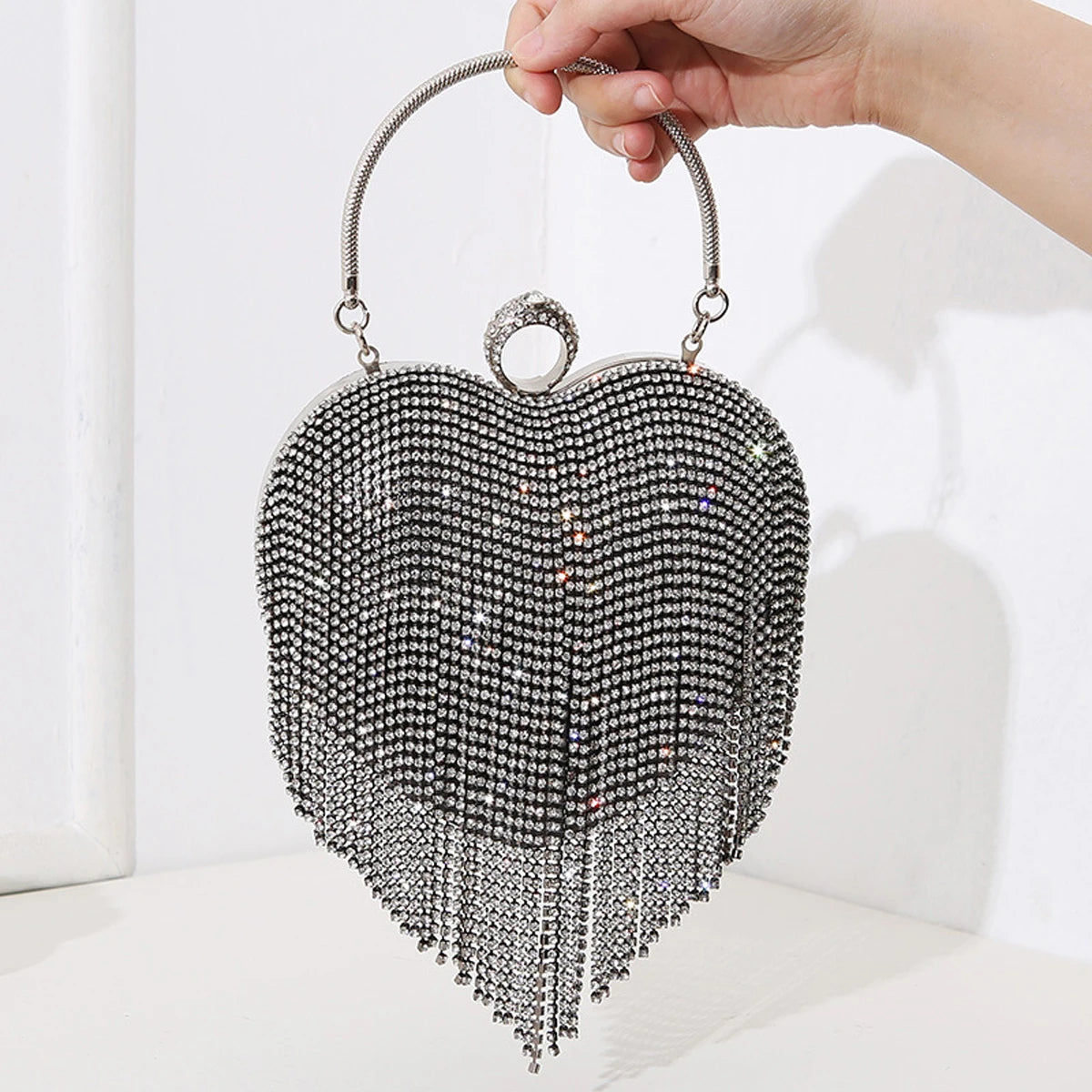 Rhinestone Evening Bag | Heart Pattern Silver Handbag & Diamond Tassel Clutch Luxegan