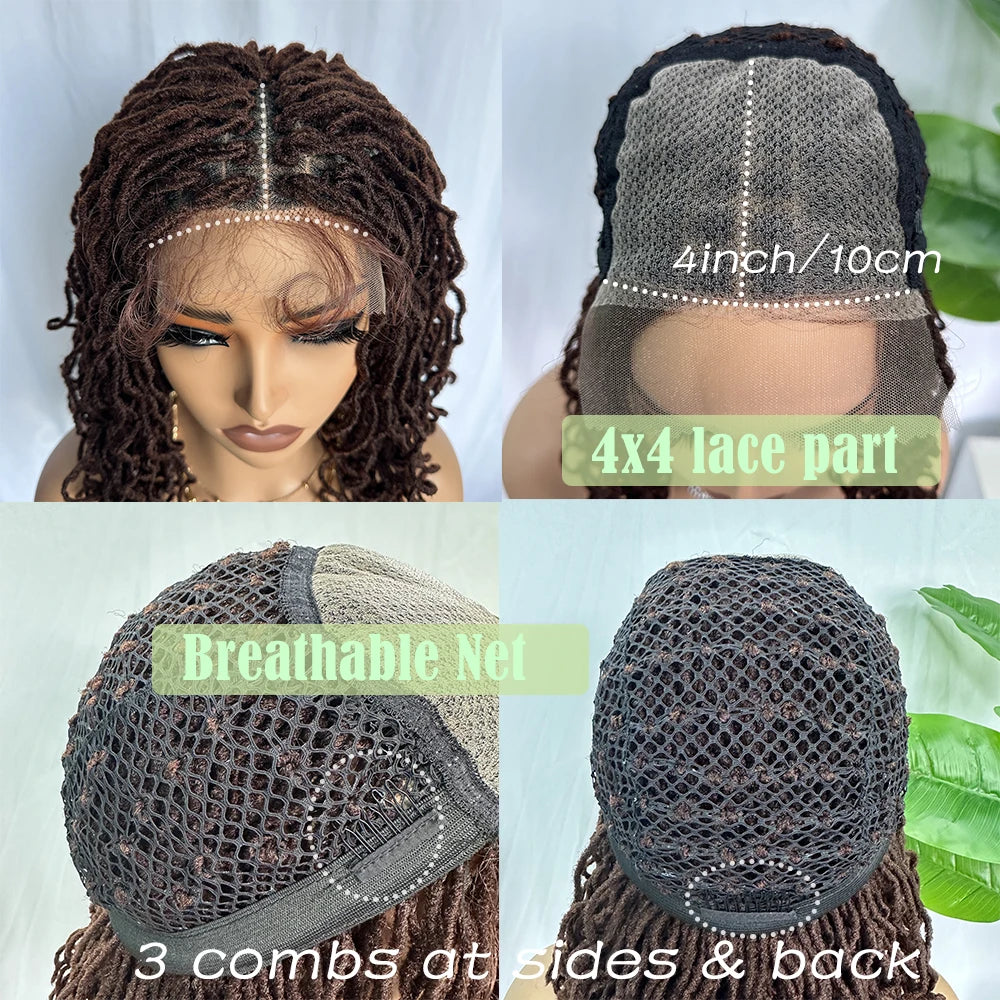 Synthetic 4x4 Lace Front Braid Wig 14inch Curly Faux Locs Dark Burgundy Large Parting Space Twist Dreadlock Wigs for Black Women Luxegan