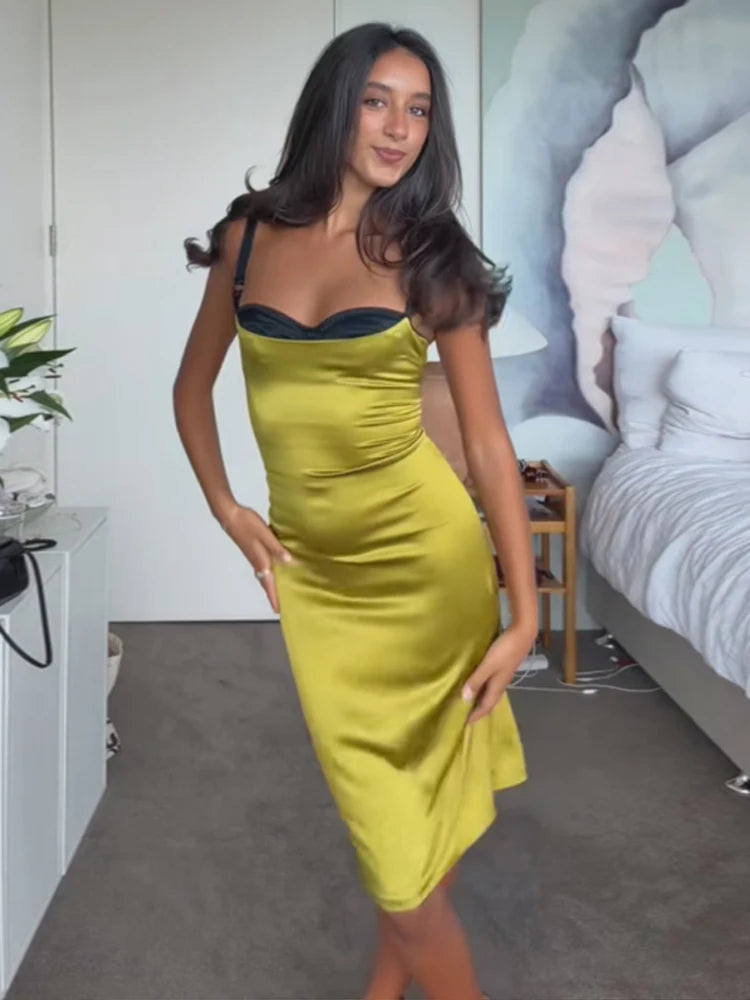 Sexy Satin Sleeveless Slip Midi Dress for Women Elegant Bodycon Evening Cocktail Dresses 2026 New Female Party Clubwear Outfit