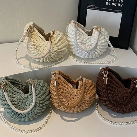Cotton Hand-Woven Shell Bag | Luxury Pearl Chain Messenger Bag Luxegan