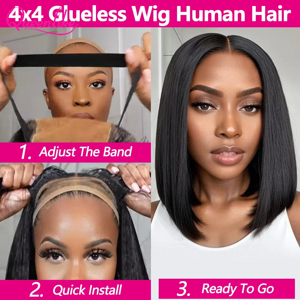 10-Inch Glueless Bob Wig | Sophisticated 4x4 HD Transparent Lace Closure | Elegant "Ready to Wear" Brazilian Human Hair | "Dignified" Pre-Cut Lace Straight Remy Wig for Radiant Versatile Styling Luxegan