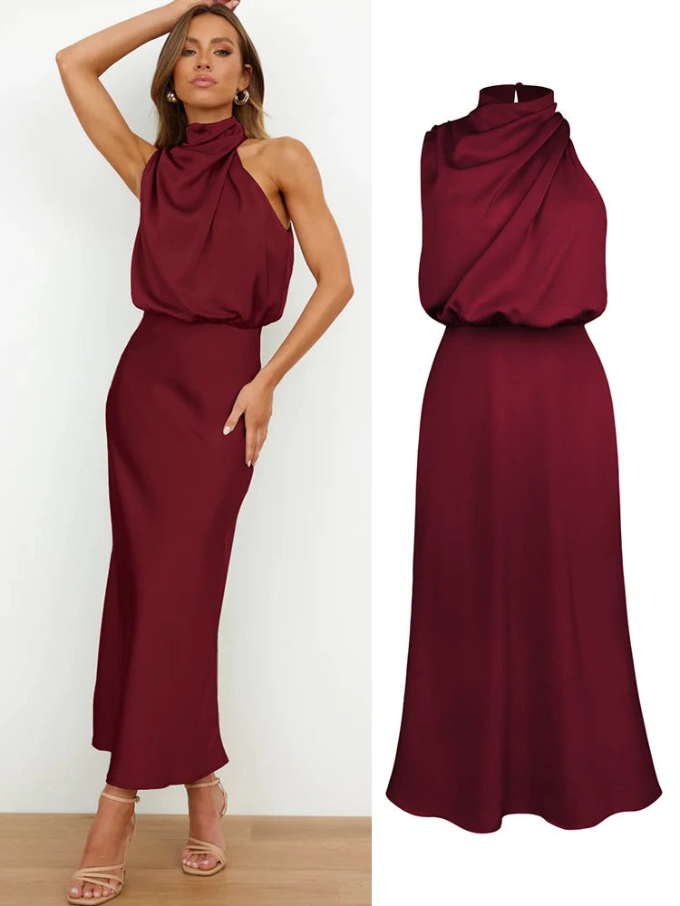 Women's Summer High-End Silk Satin Long Dress | Elegant Celebrity Evening Gown | Luxury Scarf Collar Sleeveless Party Dress | Premium Knit Asymmetrical Slip Maxi Robe Luxegan