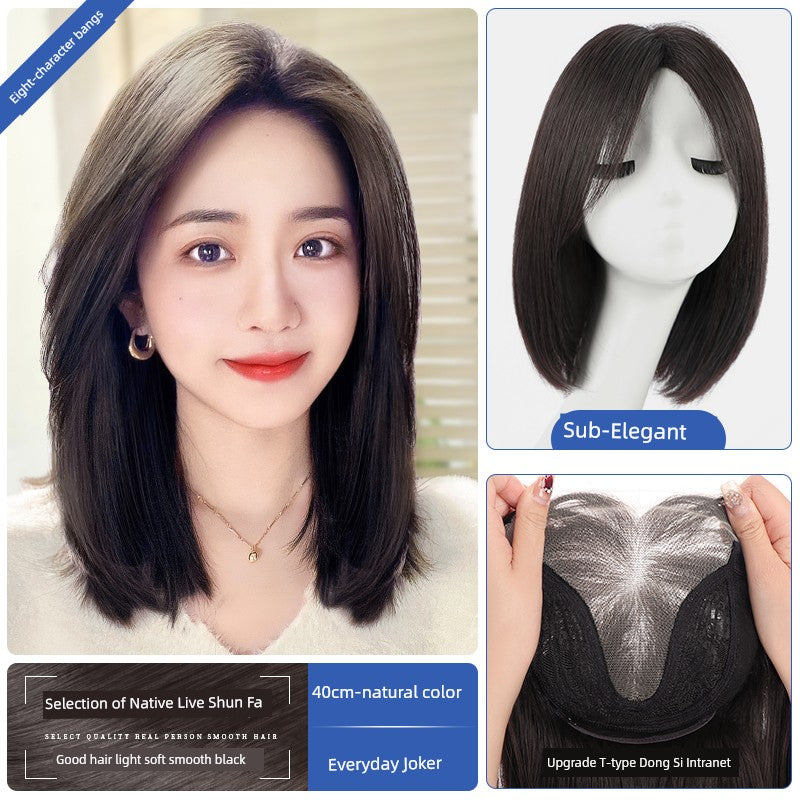 Natural Full-Head Human Hair Wig | Classy Collarbone Length Short Straight Wig with Oblique Bangs for Women (Sweet & Lovely, Elegant Style) Luxegan