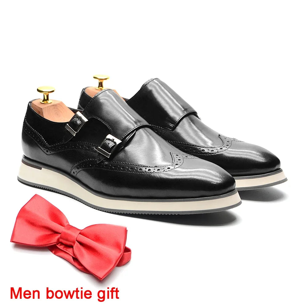 Classic European Luxury Monk Strap Sneakers | Sophisticated Double Buckle Wingtip Brogue | Elegant "Genuine Cow Leather & Suede" Silhouette | "Dignified" Sheepskin Insole & Non-Slip Rubber for Radiant Versatile Styling Luxegan