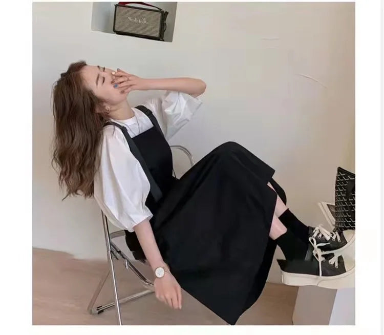 Women's Spring Summer Workwear Overalls Two-Piece Set | Trendy Bubble Puff Sleeve Streetwear Suit | Chic Salt System Casual Outfit | Premium Loose Fit O-Neck Mid-Calf Fashionable Set Luxegan