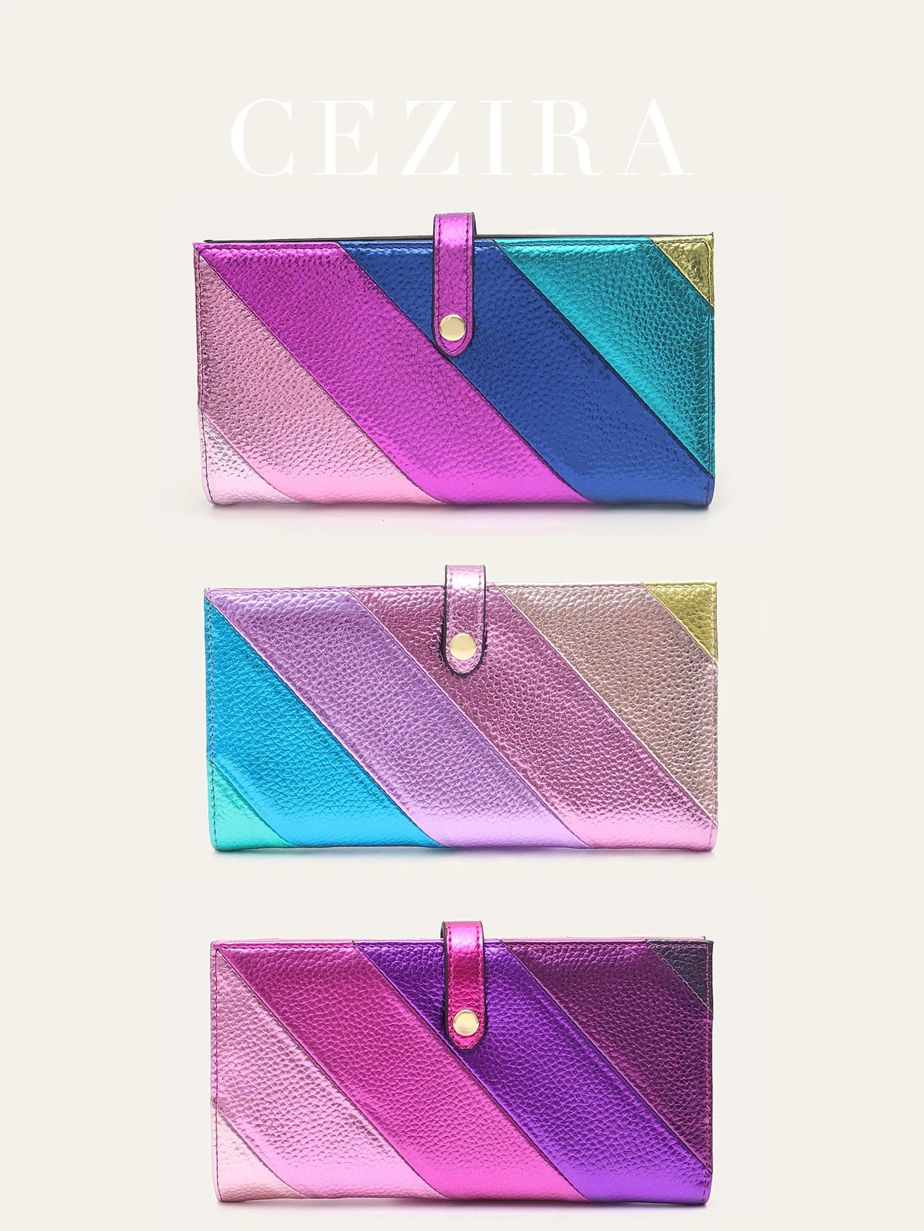 Women’s Fashion Metallic Vegan Leather Wallet | Multicolor Stripe Patchwork Long Purse | Bifold Standard Moneybag with Card Slots & Zipper Coin Pocket Luxegan