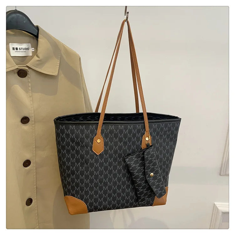 Retro European & American Large-Capacity Tote | Classic Letter Print PU Leather Shoulder Bag - view 9