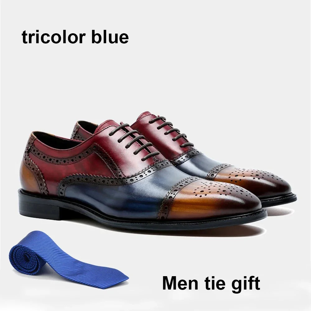 Color Block Genuine Leather Oxford Shoes | Sophisticated Tricolor Cap Toe Brogues | Elegant "Full Grain Cowhide" Silhouette | "Dignified" Gentleman’s Dress Shoes for Radiant Versatile Business & Party Styling Luxegan