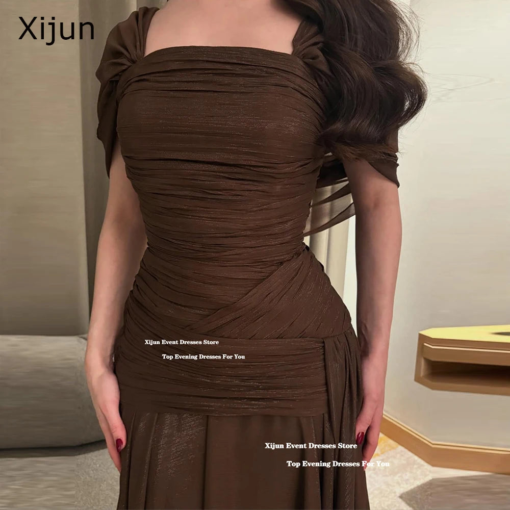 Xijun Elegant Brown Chiffon Evening Dresses Off The Shoulder A-Line Formal Prom Dresses Pleated Saudi Arabia Prom Gown Customize