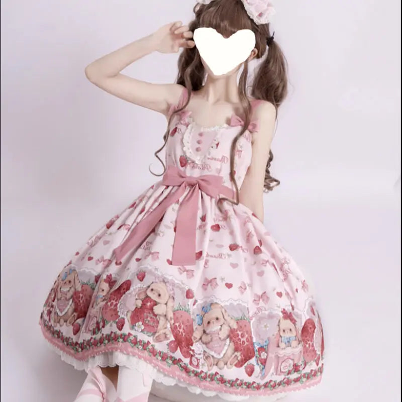 Falling Rabbit Berry Lolita Pink Cute SJK Dress Lolita Big Skirt Girls Birthday Show Cake Dress  birthday dress for women